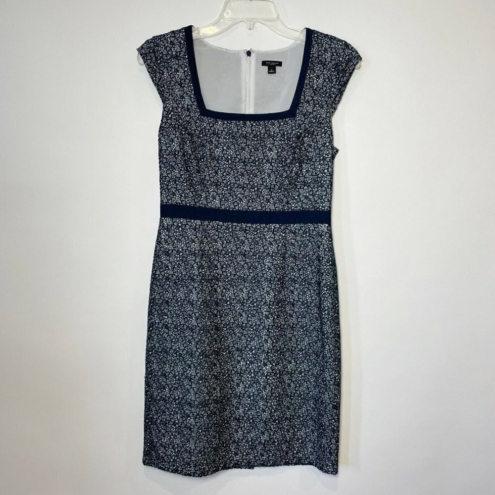 Ann Taylor Women Sheath Mini Embroidered Dress Navy Blue Sz 0 Square Neck Formal